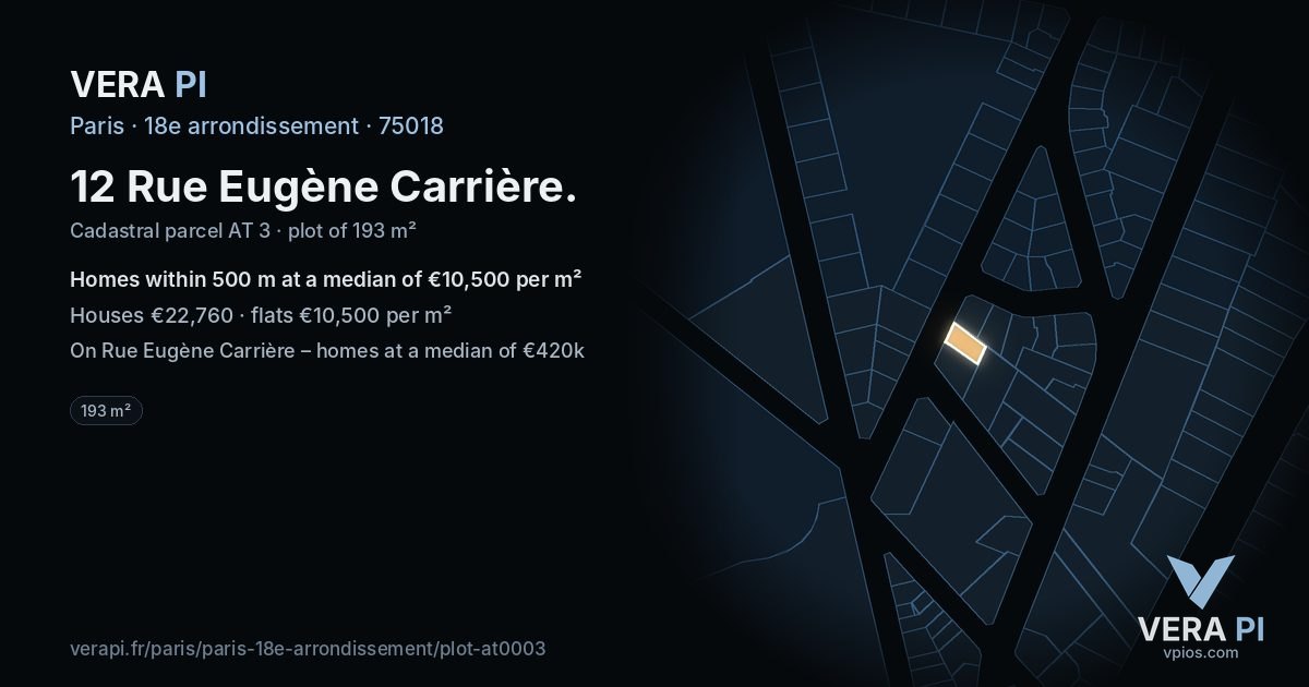 12 Rue Eugène Carrière, 18e arrondissement at night – the plot lit, the parcels around coloured by the prices near them