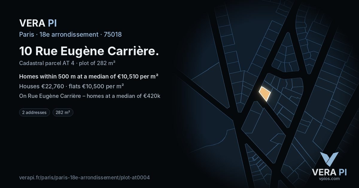10 Rue Eugène Carrière, 18e arrondissement at night – the plot lit, the parcels around coloured by the prices near them