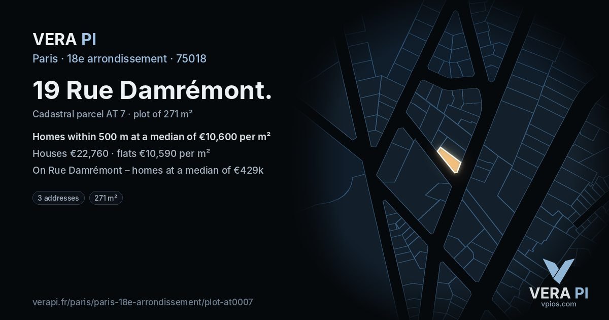 19 Rue Damrémont, 18e arrondissement at night – the plot lit, the parcels around coloured by the prices near them
