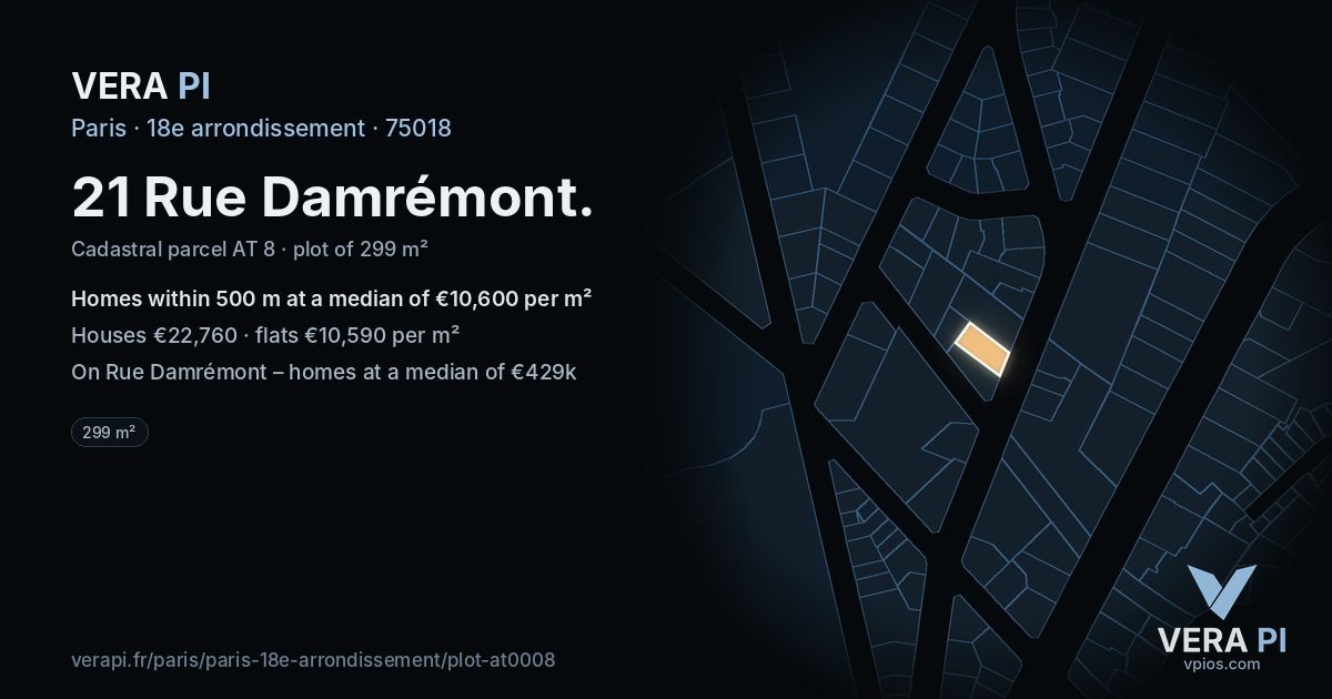21 Rue Damrémont, 18e arrondissement at night – the plot lit, the parcels around coloured by the prices near them