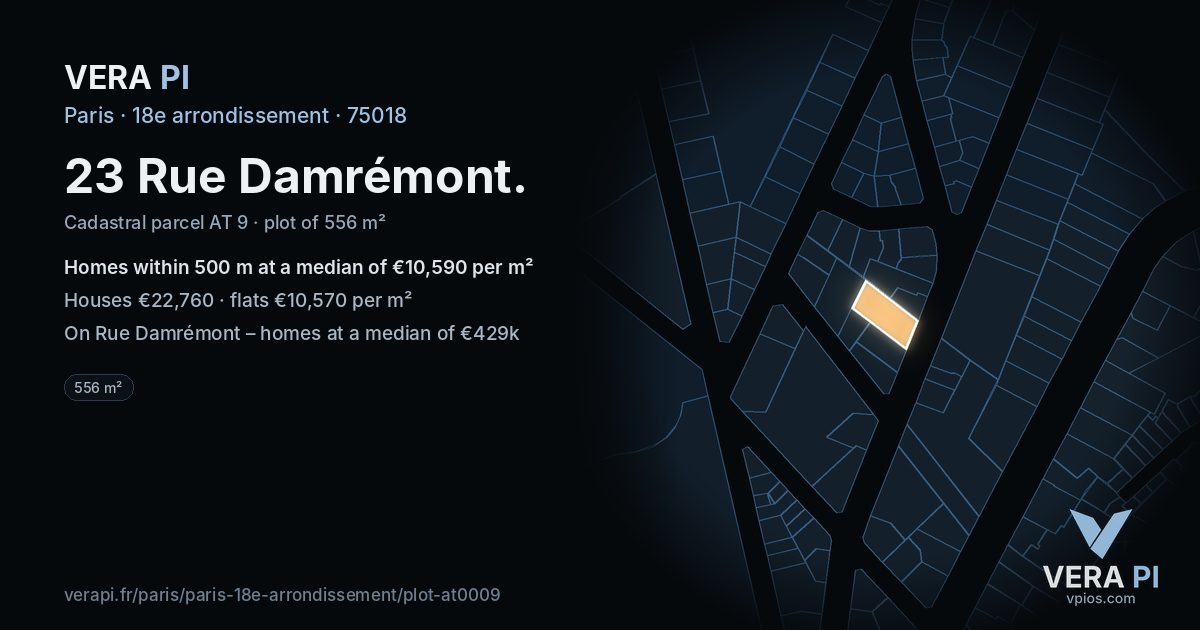 23 Rue Damrémont, 18e arrondissement at night – the plot lit, the parcels around coloured by the prices near them