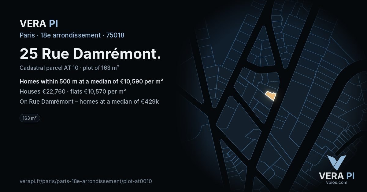 25 Rue Damrémont, 18e arrondissement at night – the plot lit, the parcels around coloured by the prices near them