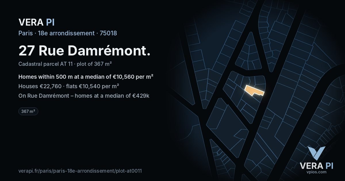 27 Rue Damrémont, 18e arrondissement at night – the plot lit, the parcels around coloured by the prices near them