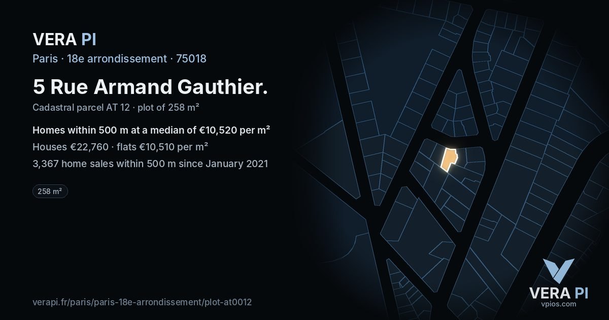 5 Rue Armand Gauthier, 18e arrondissement at night – the plot lit, the parcels around coloured by the prices near them