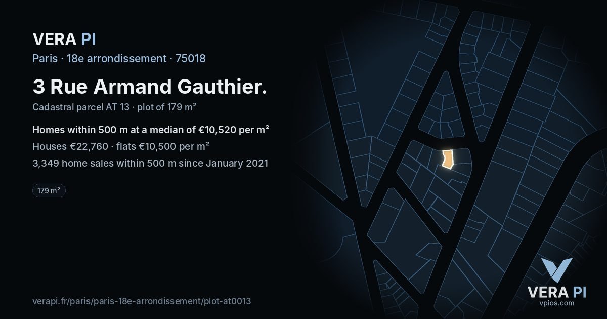 3 Rue Armand Gauthier, 18e arrondissement at night – the plot lit, the parcels around coloured by the prices near them