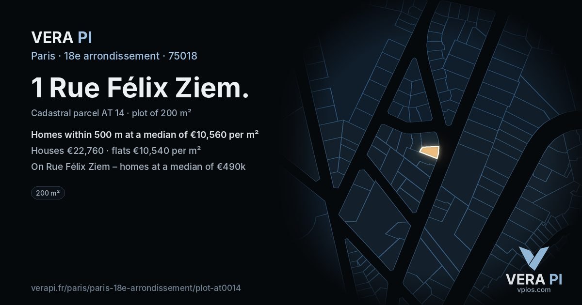 1 Rue Félix Ziem, 18e arrondissement at night – the plot lit, the parcels around coloured by the prices near them