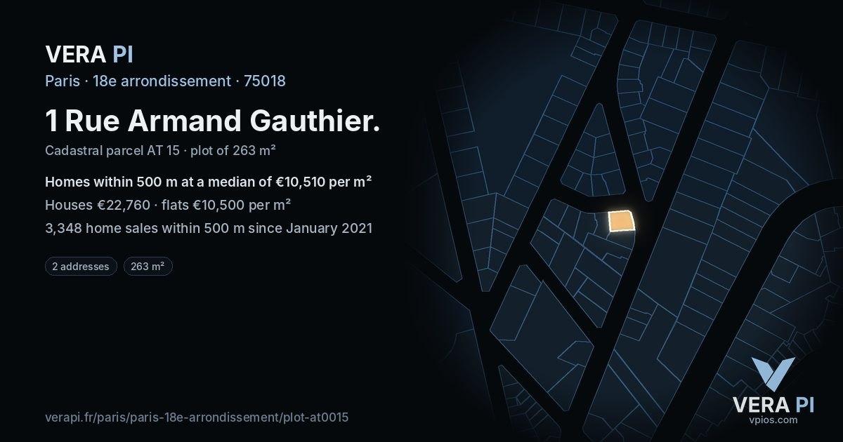 1 Rue Armand Gauthier, 18e arrondissement at night – the plot lit, the parcels around coloured by the prices near them
