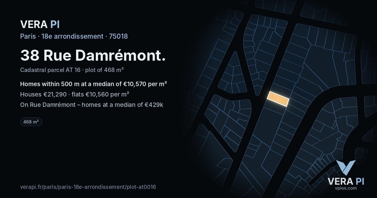 38 Rue Damrémont, 18e arrondissement at night – the plot lit, the parcels around coloured by the prices near them