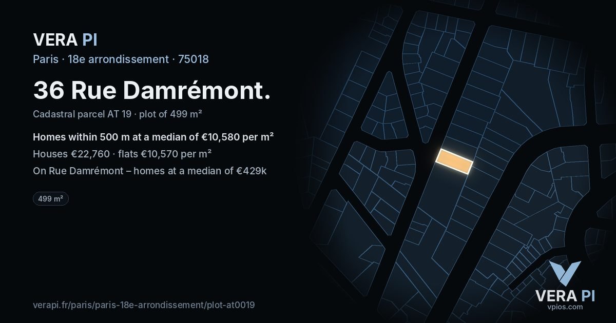 36 Rue Damrémont, 18e arrondissement at night – the plot lit, the parcels around coloured by the prices near them