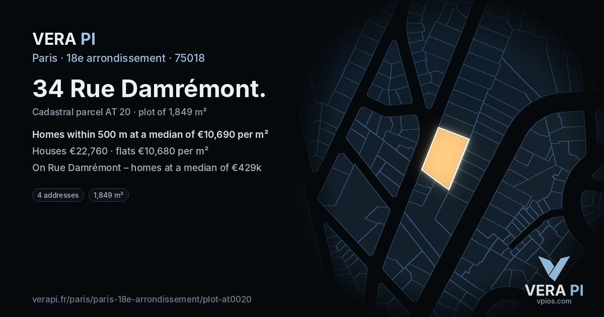 34 Rue Damrémont, 18e arrondissement at night – the plot lit, the parcels around coloured by the prices near them