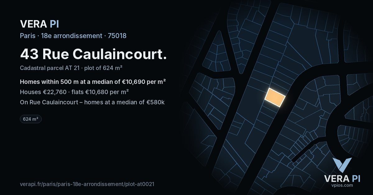 43 Rue Caulaincourt, 18e arrondissement at night – the plot lit, the parcels around coloured by the prices near them