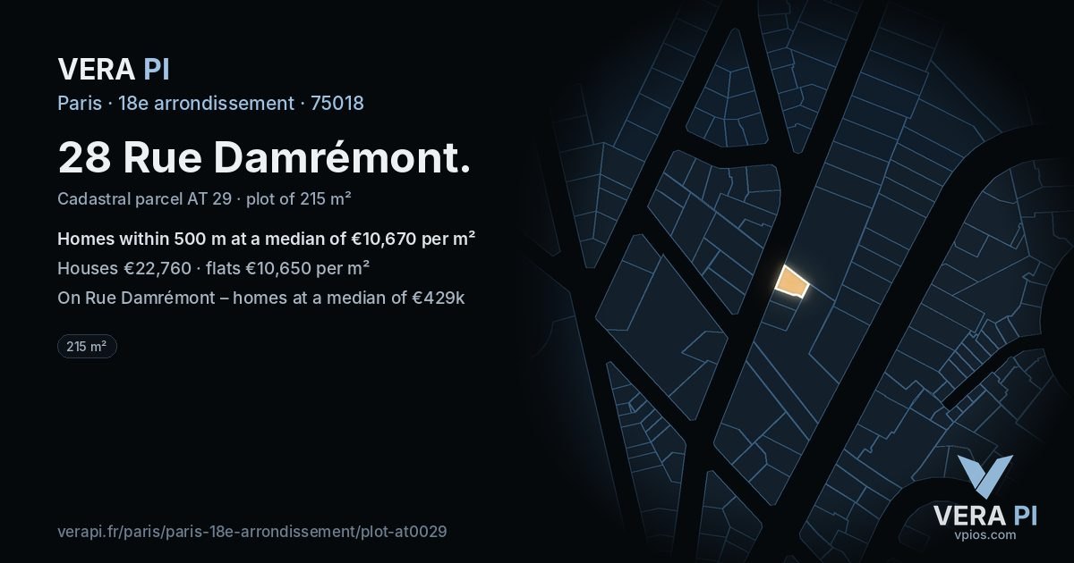 28 Rue Damrémont, 18e arrondissement at night – the plot lit, the parcels around coloured by the prices near them