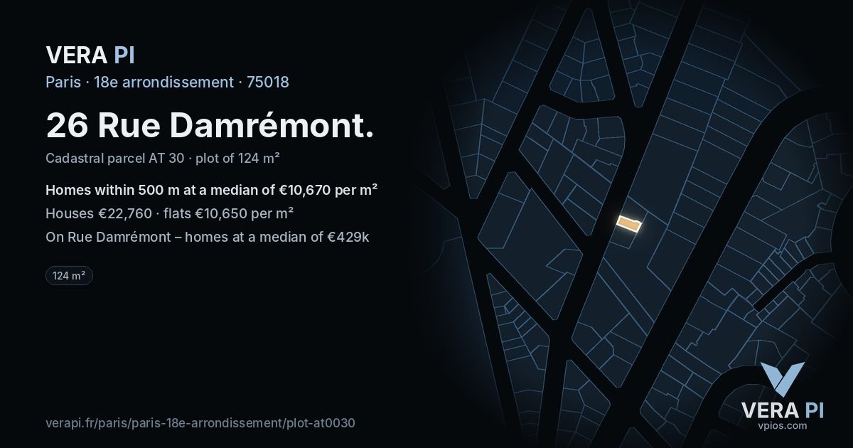 26 Rue Damrémont, 18e arrondissement at night – the plot lit, the parcels around coloured by the prices near them