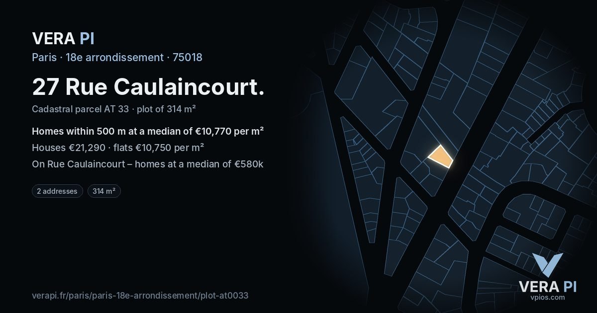 27 Rue Caulaincourt, 18e arrondissement at night – the plot lit, the parcels around coloured by the prices near them