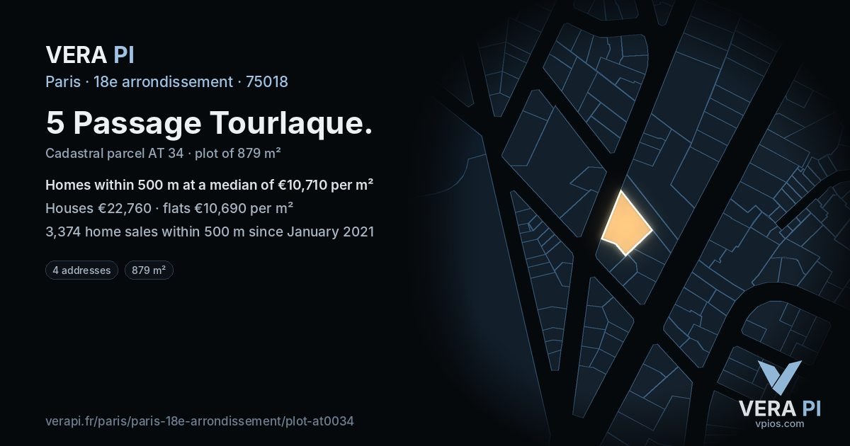 5 Passage Tourlaque, 18e arrondissement at night – the plot lit, the parcels around coloured by the prices near them
