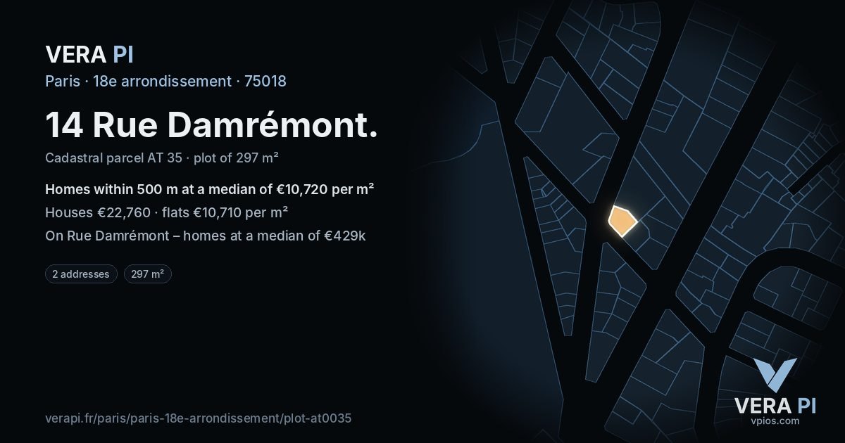 14 Rue Damrémont, 18e arrondissement at night – the plot lit, the parcels around coloured by the prices near them