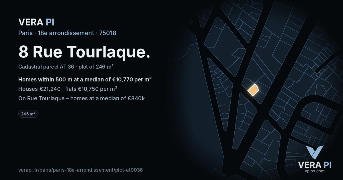 8 Rue Tourlaque, 18e arrondissement at night – the plot lit, the parcels around coloured by the prices near them