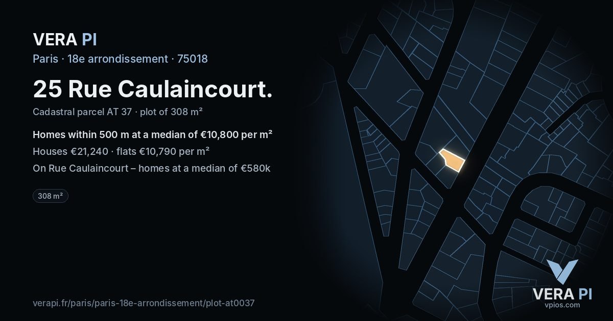 25 Rue Caulaincourt, 18e arrondissement at night – the plot lit, the parcels around coloured by the prices near them