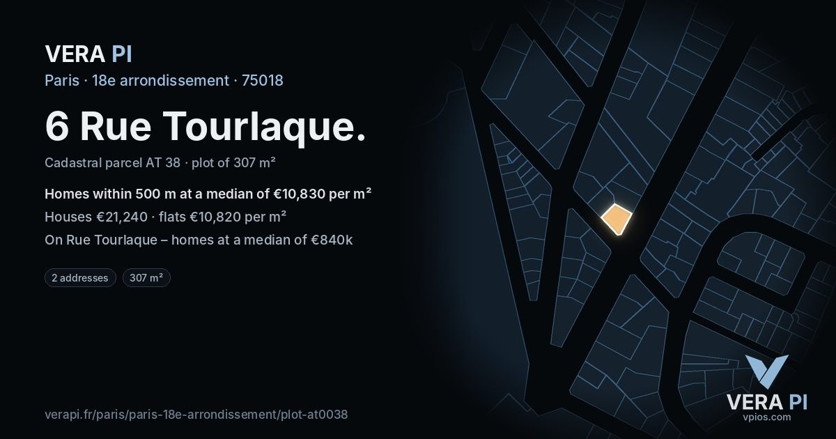 6 Rue Tourlaque, 18e arrondissement at night – the plot lit, the parcels around coloured by the prices near them