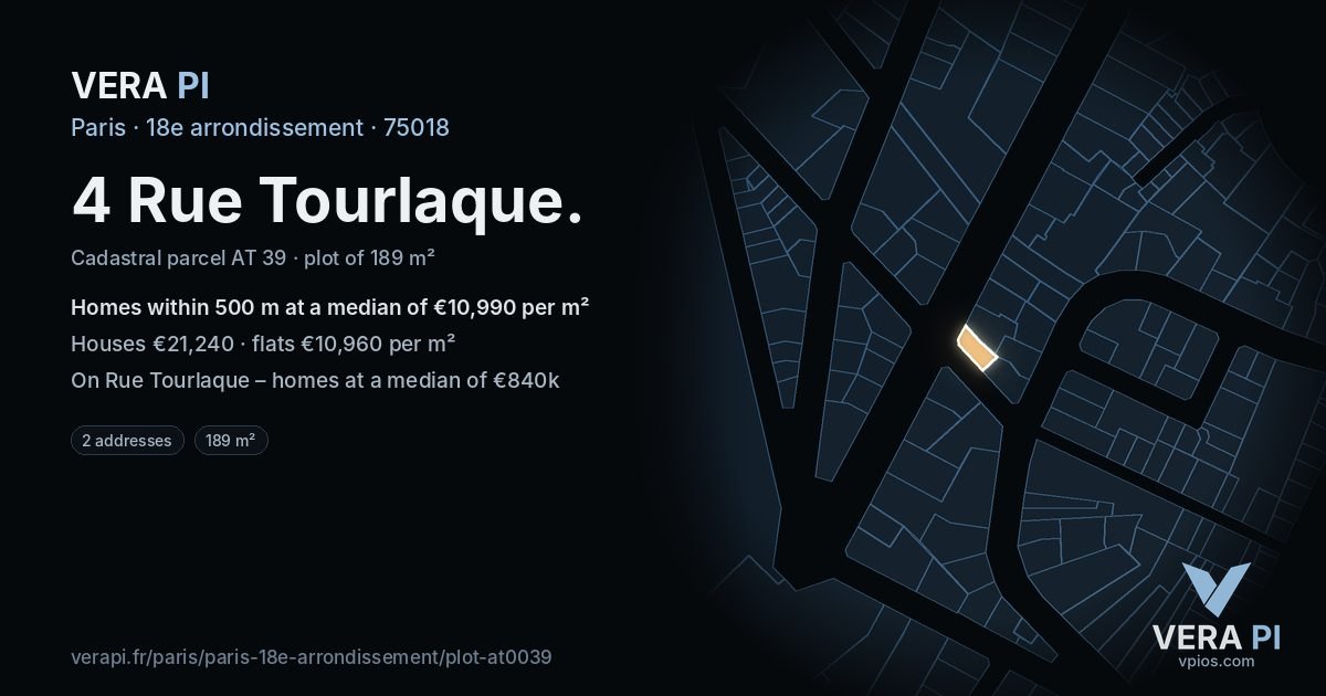4 Rue Tourlaque, 18e arrondissement at night – the plot lit, the parcels around coloured by the prices near them
