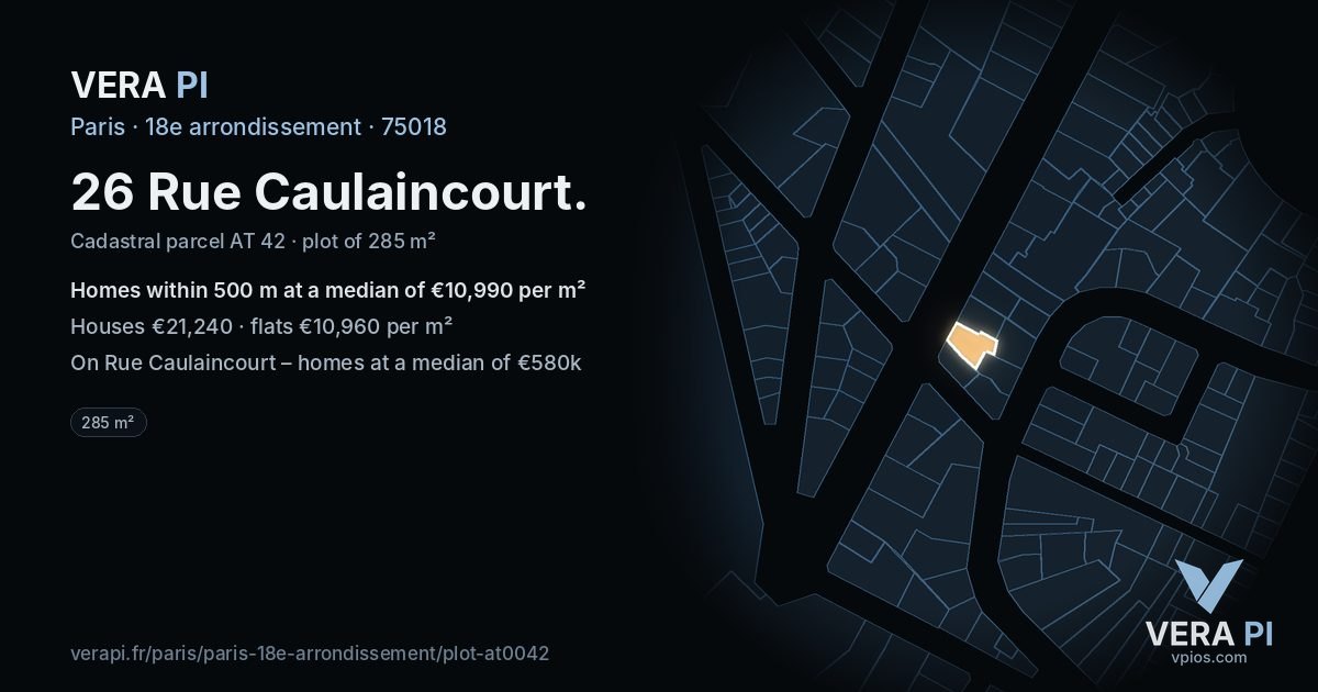 26 Rue Caulaincourt, 18e arrondissement at night – the plot lit, the parcels around coloured by the prices near them