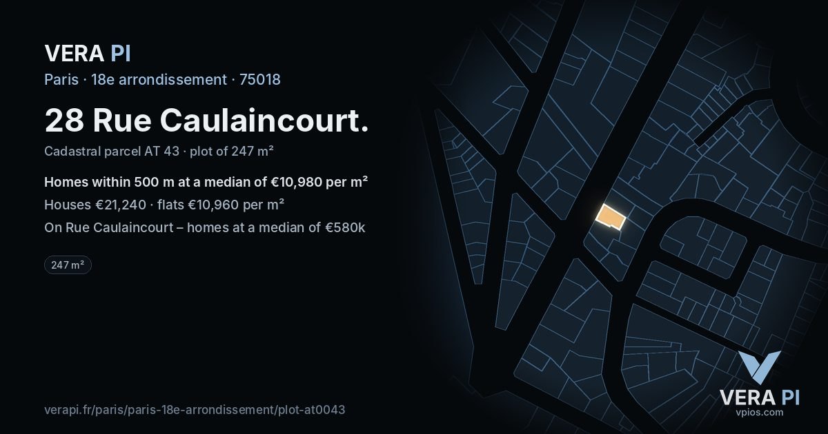 28 Rue Caulaincourt, 18e arrondissement at night – the plot lit, the parcels around coloured by the prices near them