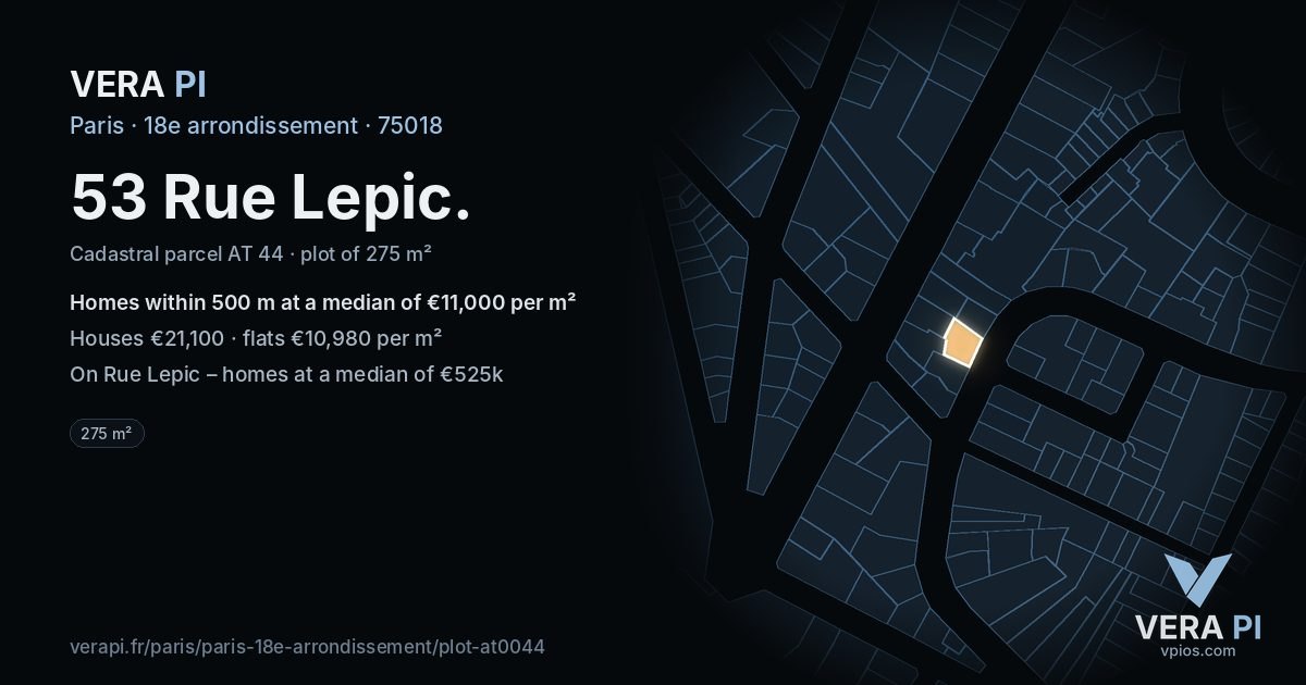 53 Rue Lepic, 18e arrondissement at night – the plot lit, the parcels around coloured by the prices near them