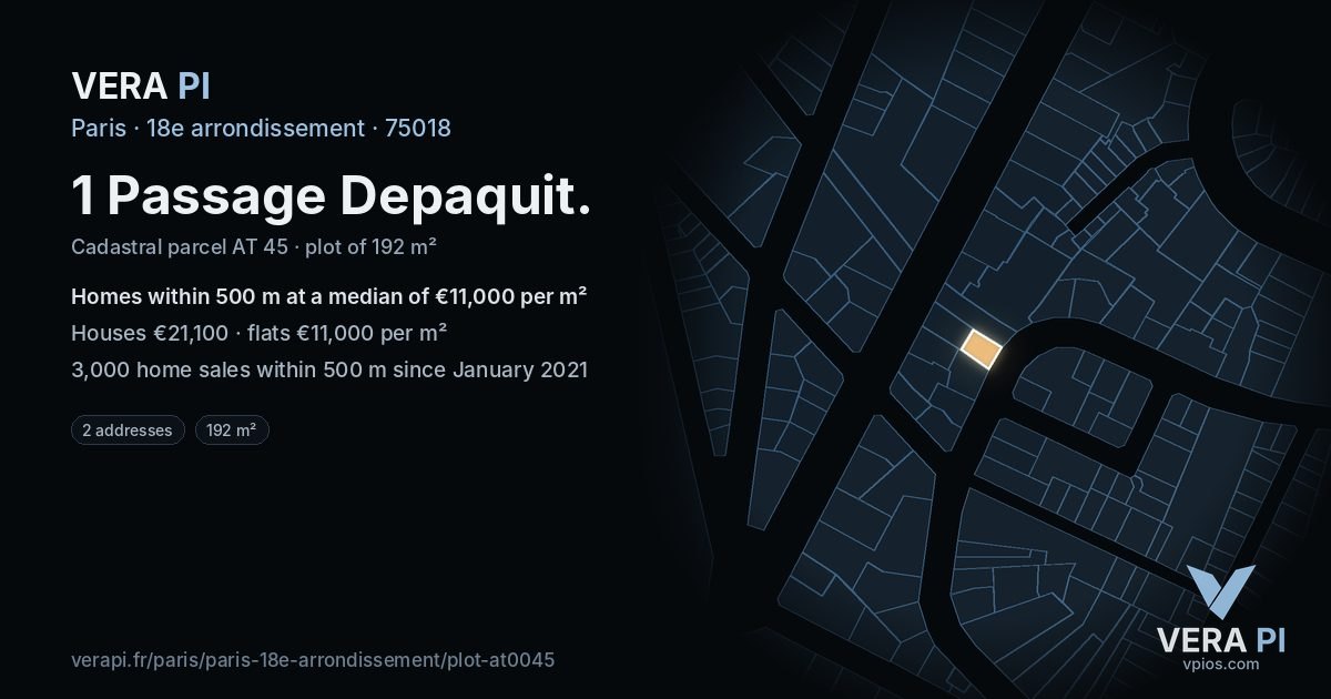 1 Passage Depaquit, 18e arrondissement at night – the plot lit, the parcels around coloured by the prices near them