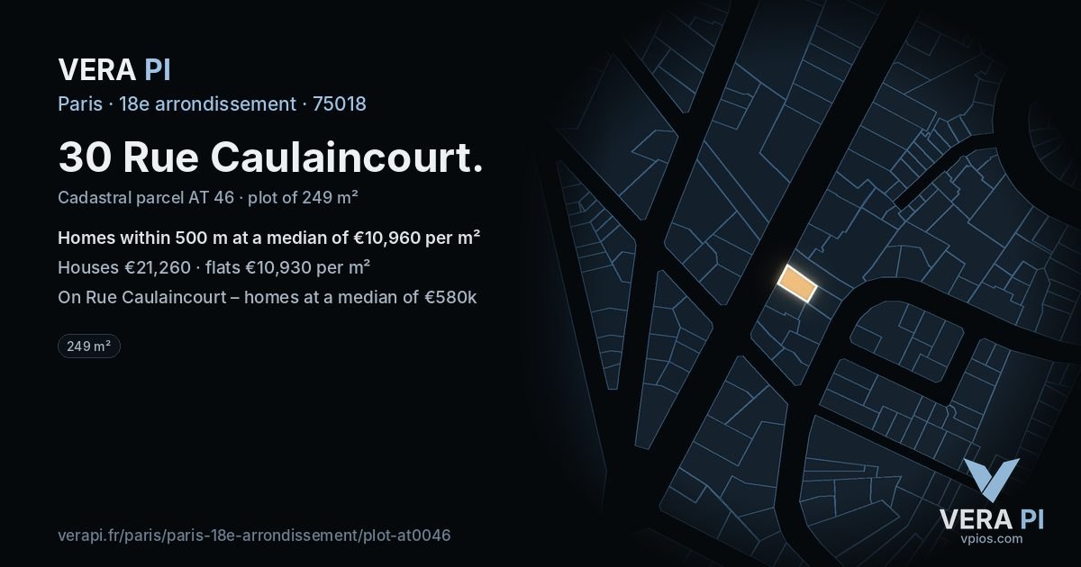 30 Rue Caulaincourt, 18e arrondissement at night – the plot lit, the parcels around coloured by the prices near them