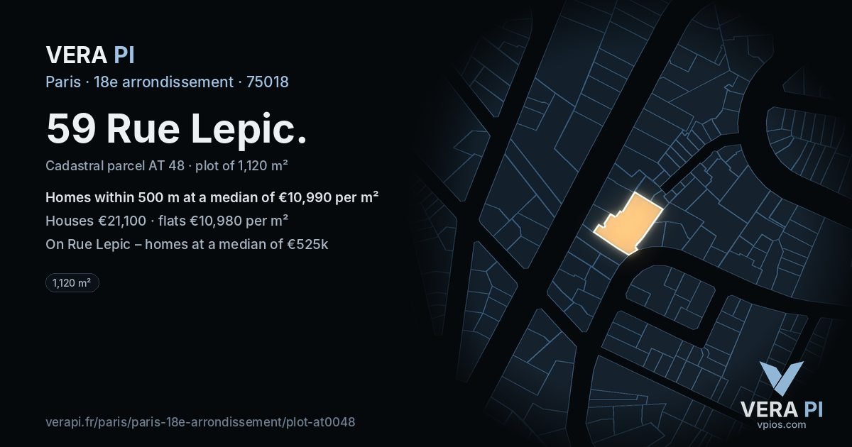 59 Rue Lepic, 18e arrondissement at night – the plot lit, the parcels around coloured by the prices near them