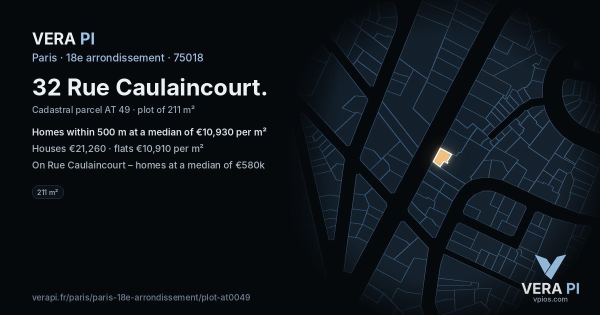32 Rue Caulaincourt, 18e arrondissement at night – the plot lit, the parcels around coloured by the prices near them