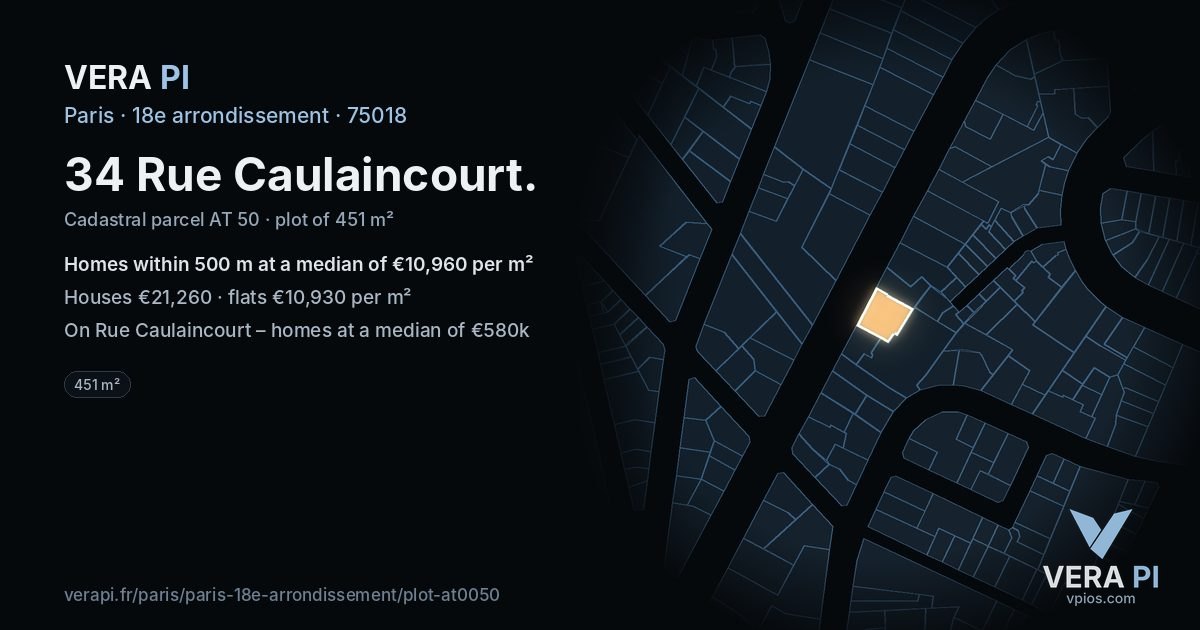 34 Rue Caulaincourt, 18e arrondissement at night – the plot lit, the parcels around coloured by the prices near them