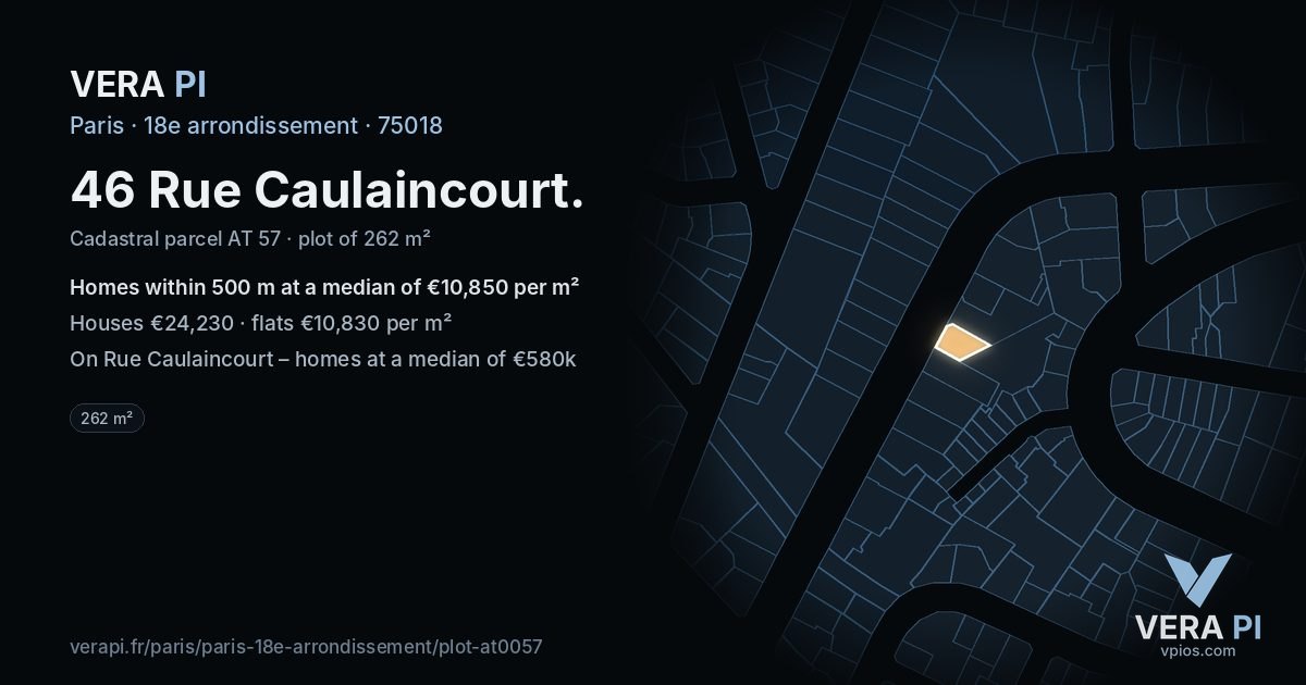 46 Rue Caulaincourt, 18e arrondissement at night – the plot lit, the parcels around coloured by the prices near them