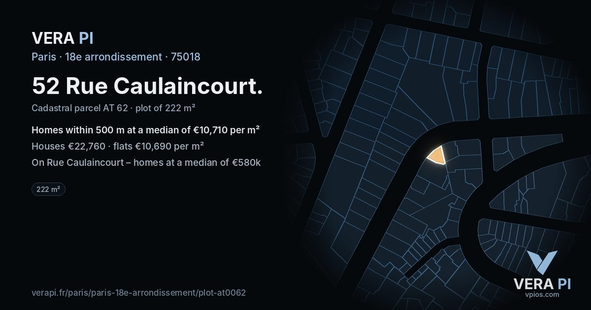 52 Rue Caulaincourt, 18e arrondissement at night – the plot lit, the parcels around coloured by the prices near them