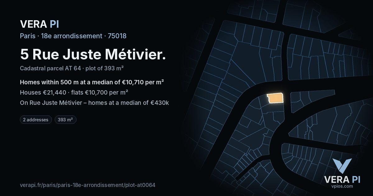 5 Rue Juste Métivier, 18e arrondissement at night – the plot lit, the parcels around coloured by the prices near them