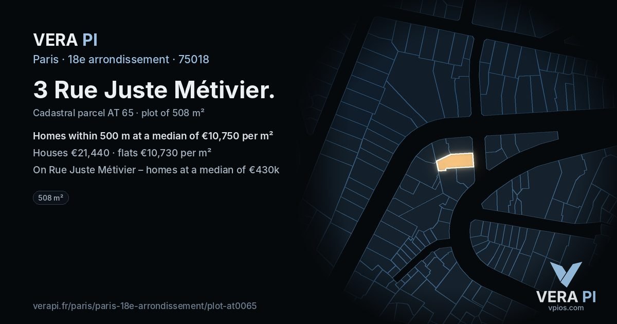 3 Rue Juste Métivier, 18e arrondissement at night – the plot lit, the parcels around coloured by the prices near them