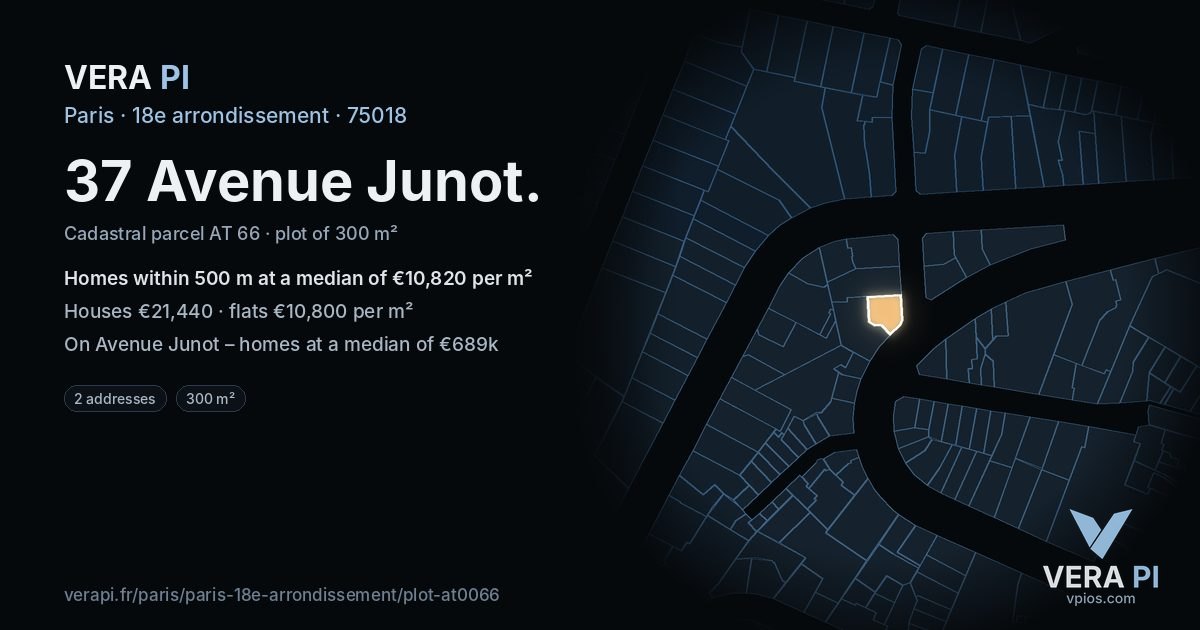 37 Avenue Junot, 18e arrondissement at night – the plot lit, the parcels around coloured by the prices near them