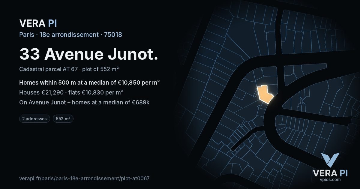 33 Avenue Junot, 18e arrondissement at night – the plot lit, the parcels around coloured by the prices near them