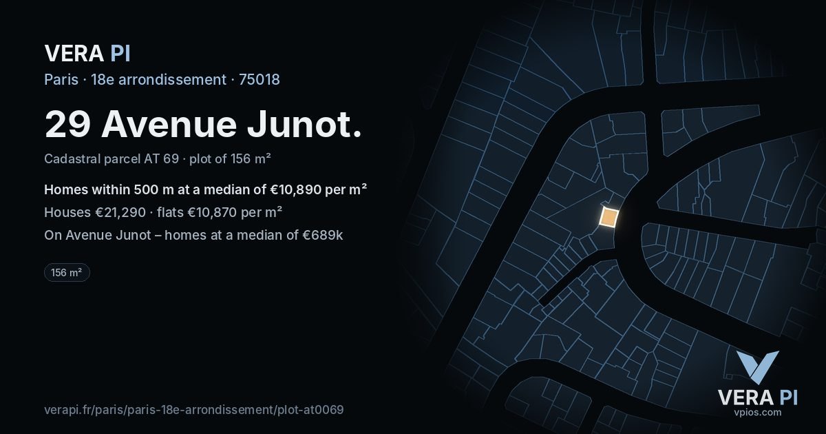 29 Avenue Junot, 18e arrondissement at night – the plot lit, the parcels around coloured by the prices near them