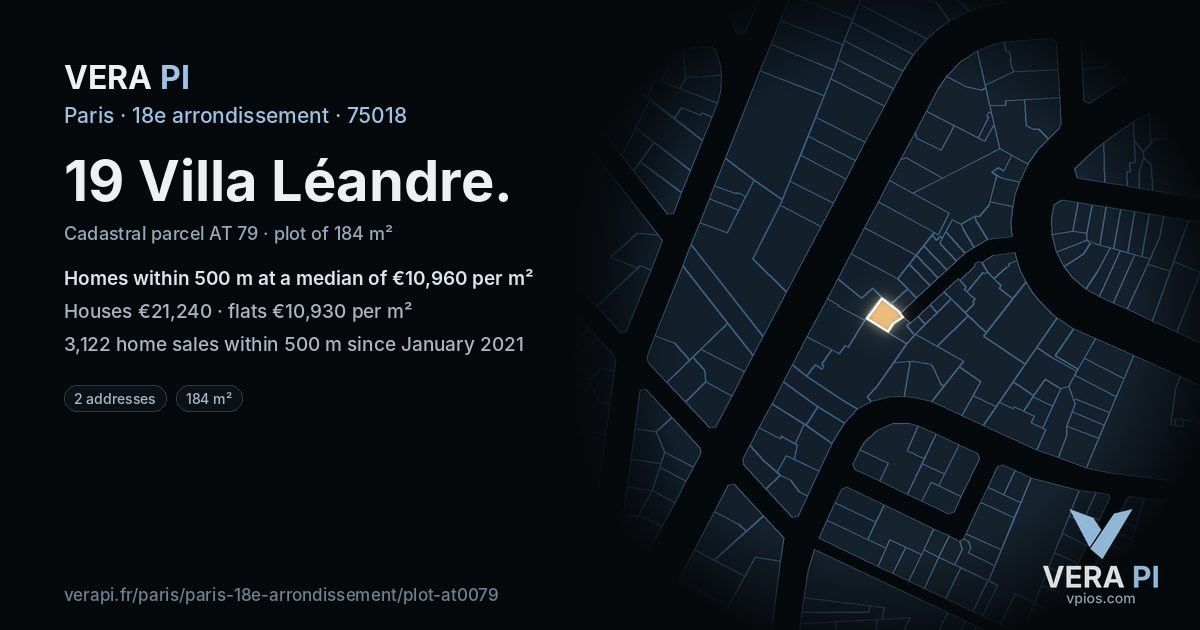 19 Villa Léandre, 18e arrondissement at night – the plot lit, the parcels around coloured by the prices near them