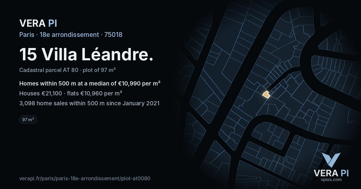 15 Villa Léandre, 18e arrondissement at night – the plot lit, the parcels around coloured by the prices near them