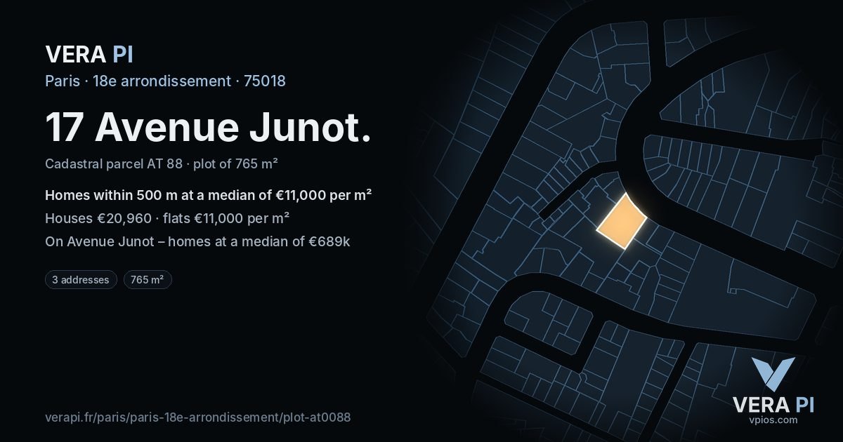 17 Avenue Junot, 18e arrondissement at night – the plot lit, the parcels around coloured by the prices near them
