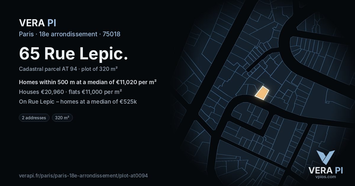 65 Rue Lepic, 18e arrondissement at night – the plot lit, the parcels around coloured by the prices near them