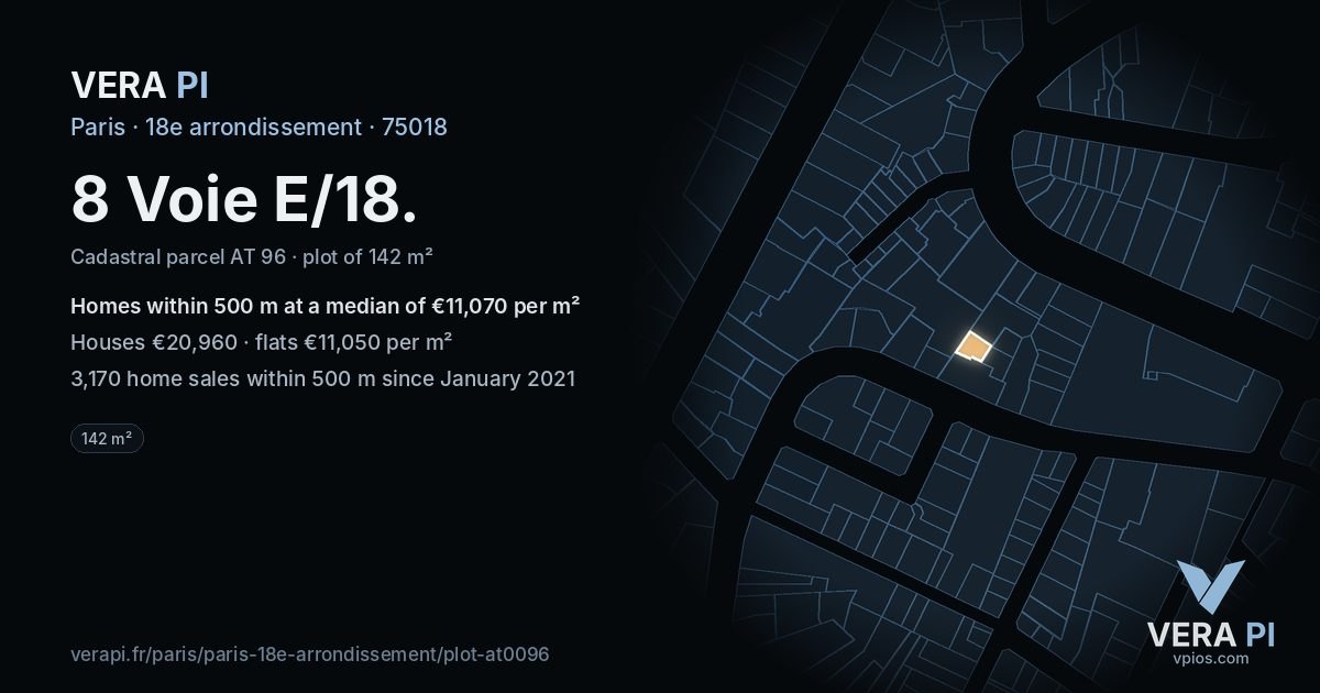 8 Voie E/18, 18e arrondissement at night – the plot lit, the parcels around coloured by the prices near them