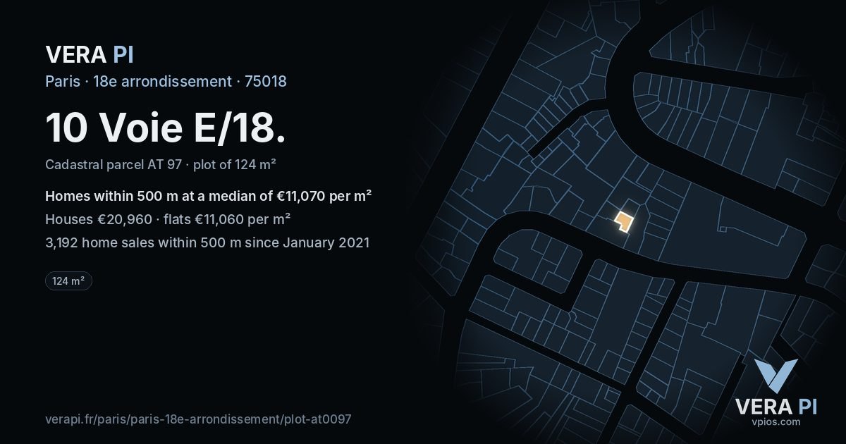 10 Voie E/18, 18e arrondissement at night – the plot lit, the parcels around coloured by the prices near them