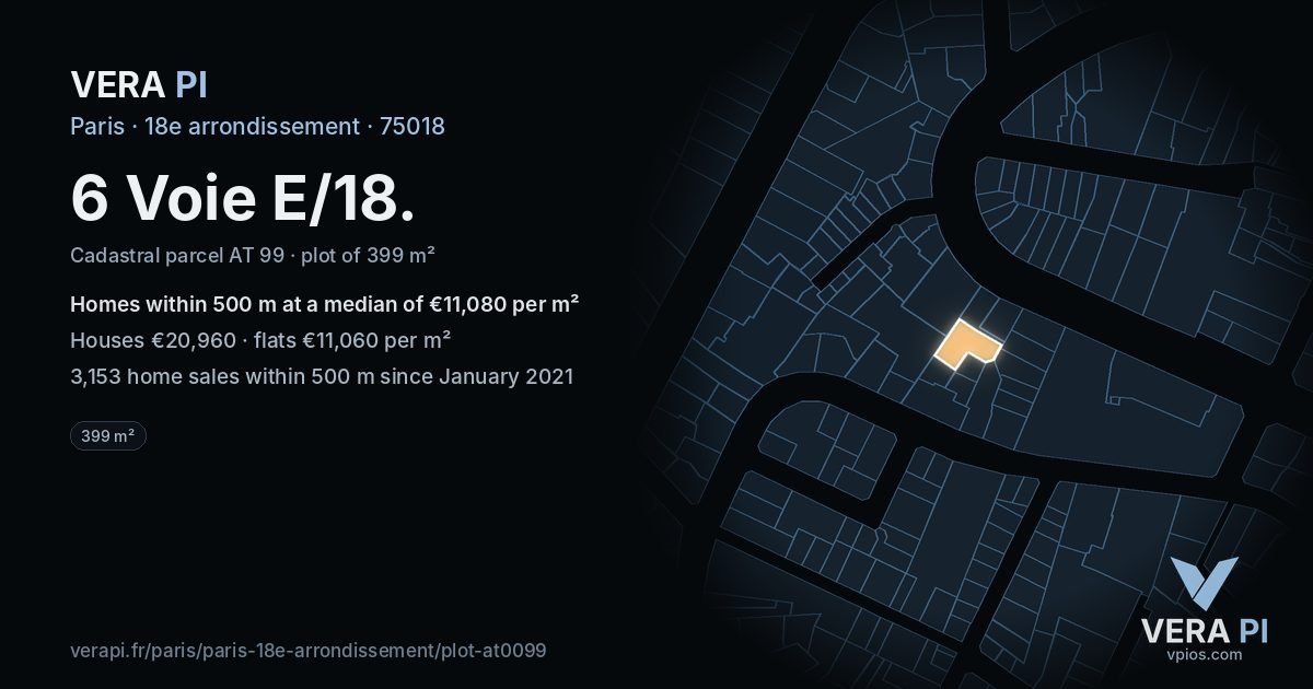 6 Voie E/18, 18e arrondissement at night – the plot lit, the parcels around coloured by the prices near them
