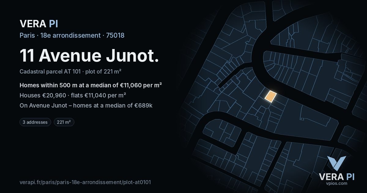 11 Avenue Junot, 18e arrondissement at night – the plot lit, the parcels around coloured by the prices near them