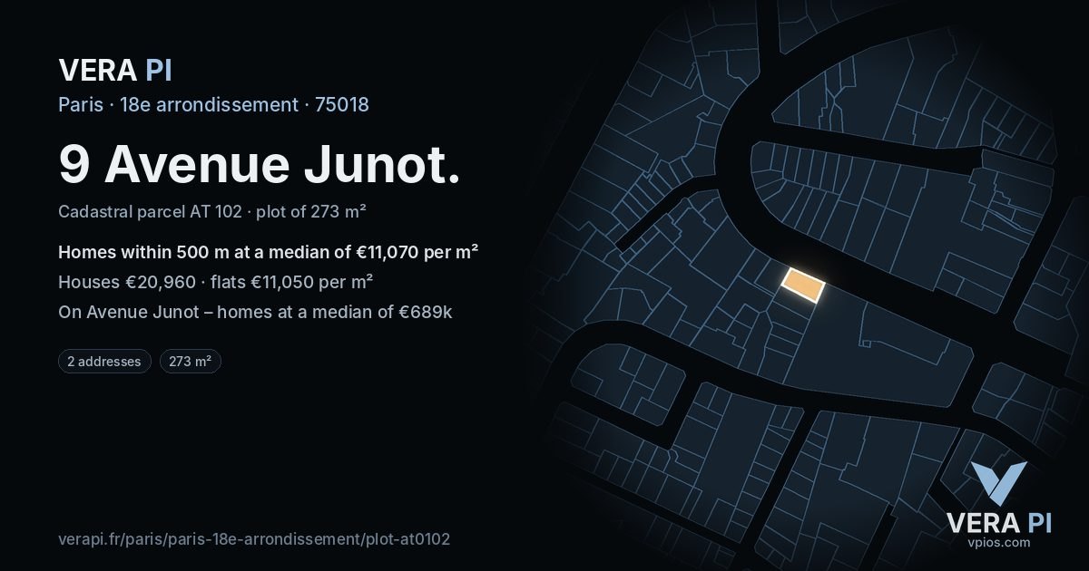 9 Avenue Junot, 18e arrondissement at night – the plot lit, the parcels around coloured by the prices near them