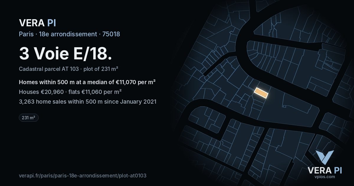 3 Voie E/18, 18e arrondissement at night – the plot lit, the parcels around coloured by the prices near them
