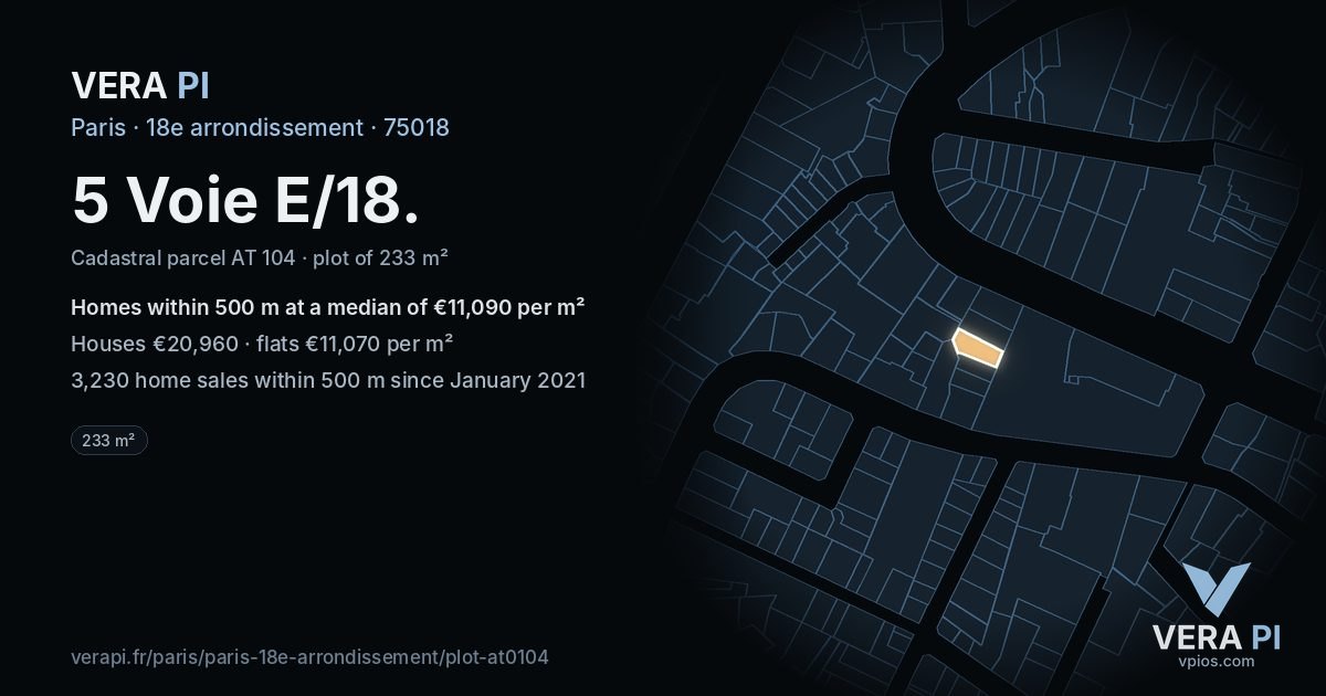 5 Voie E/18, 18e arrondissement at night – the plot lit, the parcels around coloured by the prices near them